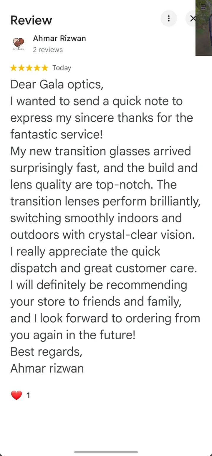 Google review from Ahmar Rizwan — transition glasses