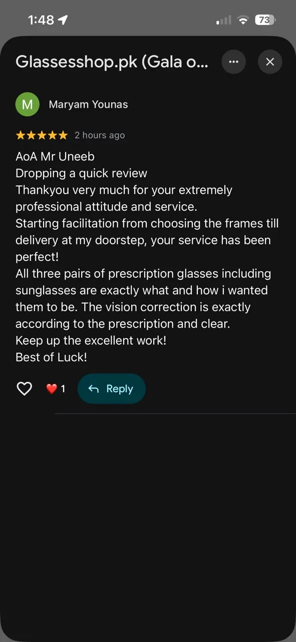 Google review from Maryam Younas — three pairs of prescription glasses