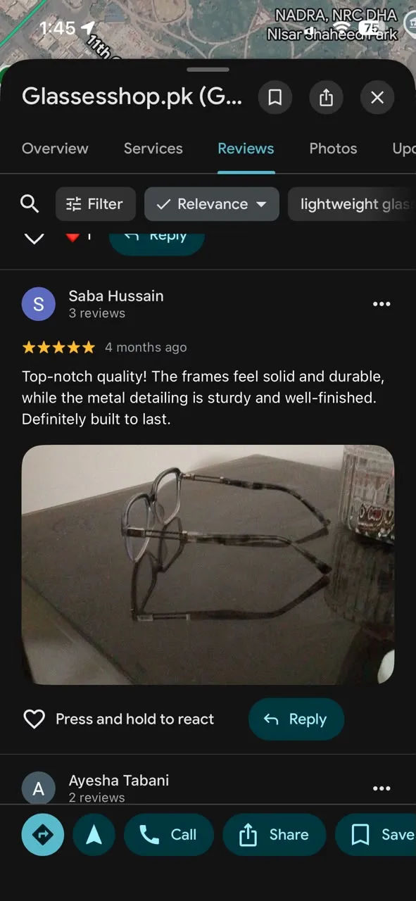 Google review from Saba Hussain
