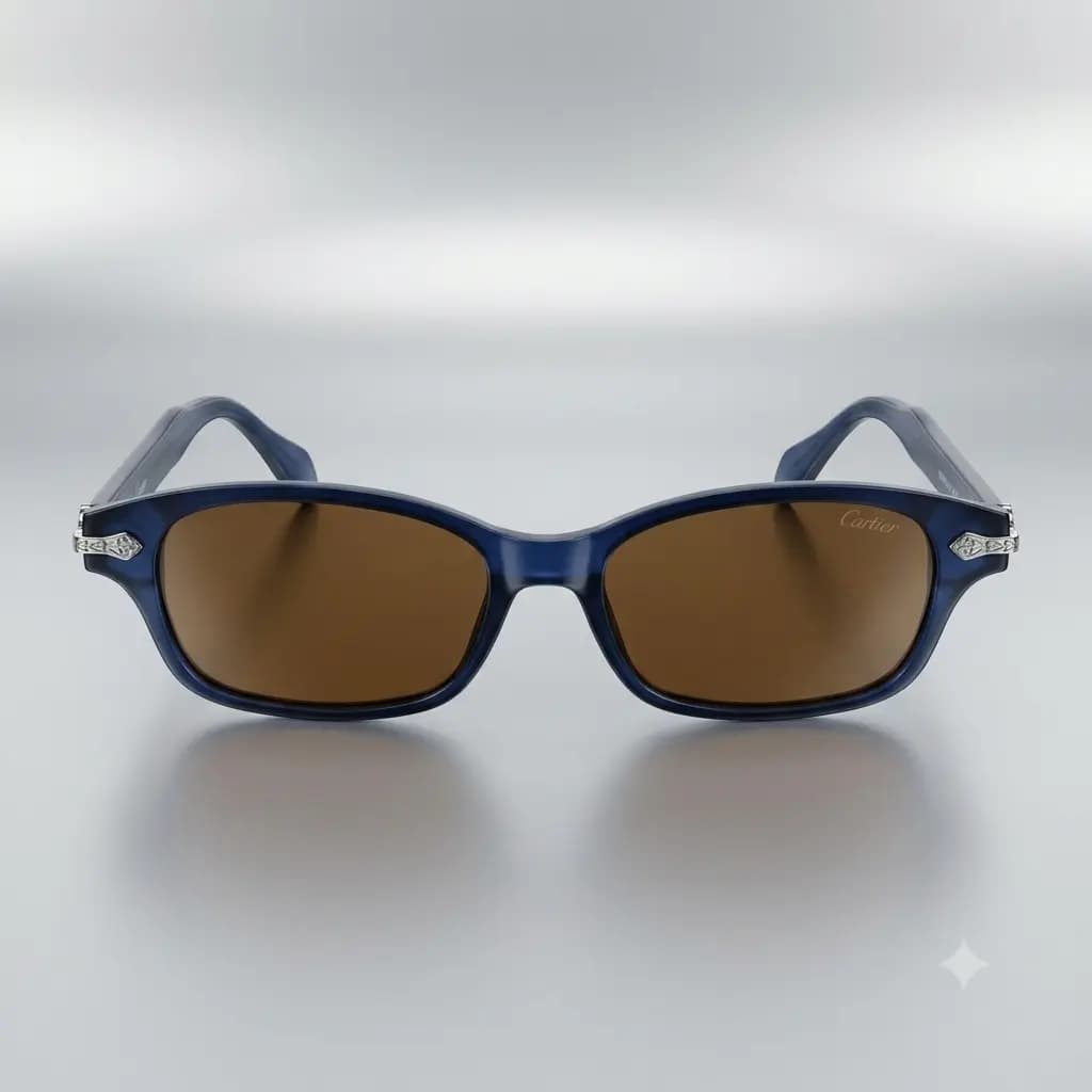 Navy Blue Rectangular Frame Silver Detail Sunglasses