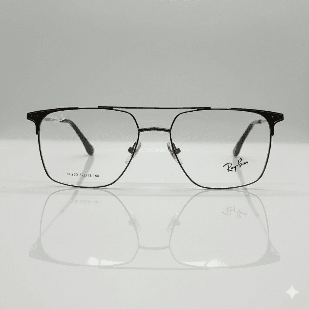 Ray-Ban Square Double Bridge Black Metal Frame Glasses with Thin Sticks for Men