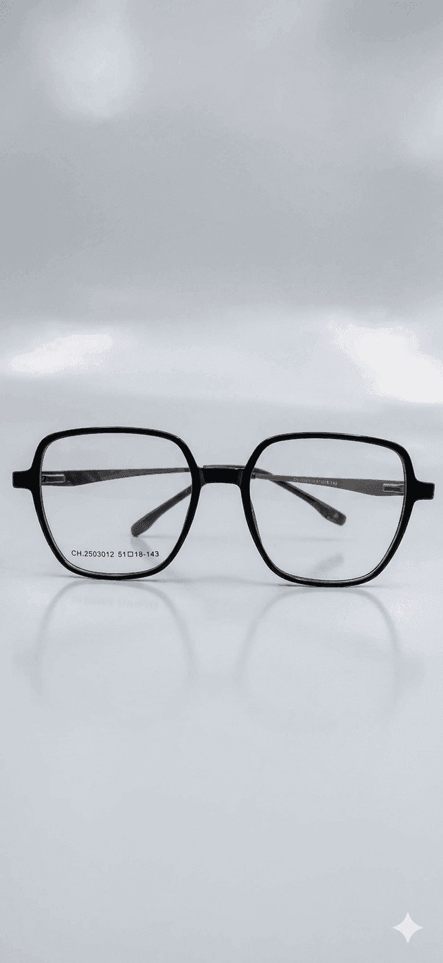 Square Black Unisex Glasses – Bold Architectural Frames with Fancy Metallic Temples